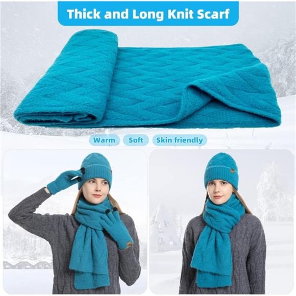 Women\'s Winter Knit Hat Beanie Scarf with Touch Screen Gloves Set, Blue